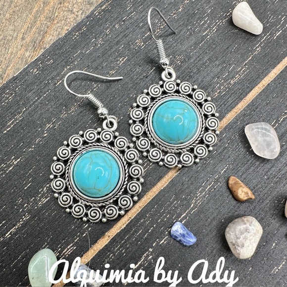 Turquoise silver colorful drops silver western style dangle long earrings - Picture 1 of 5